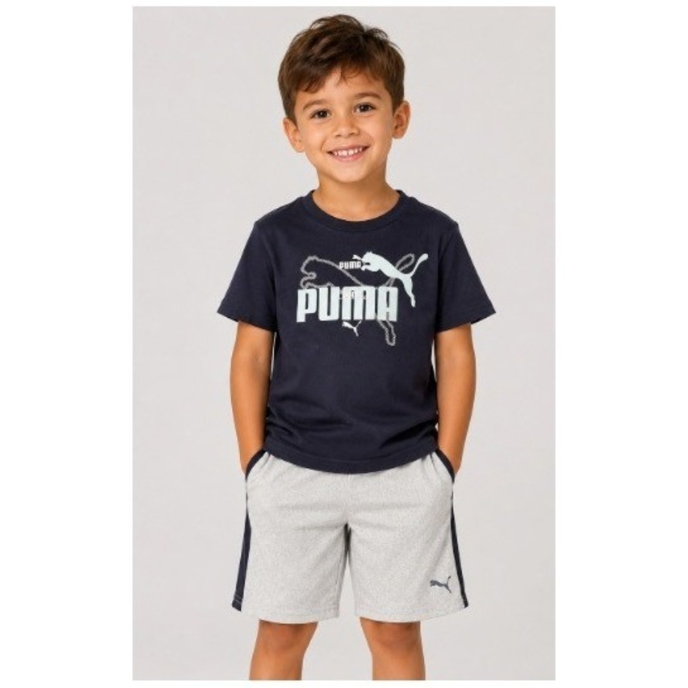 Puma Boys 2 Piece Outfit Navy Blue Graphic T-Shirt Heather Gray Shorts Size 6